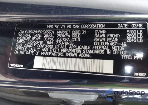 2016 Volvo Xc70 T5 Platinum z USA, uszkodzony, nr VIN YV4612NM5G1265531